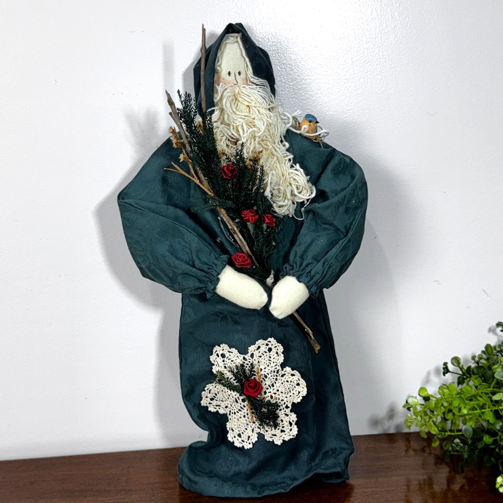Handmade Santa Figurine Bearded Green Coat Doily Folk Art 15" Christmas